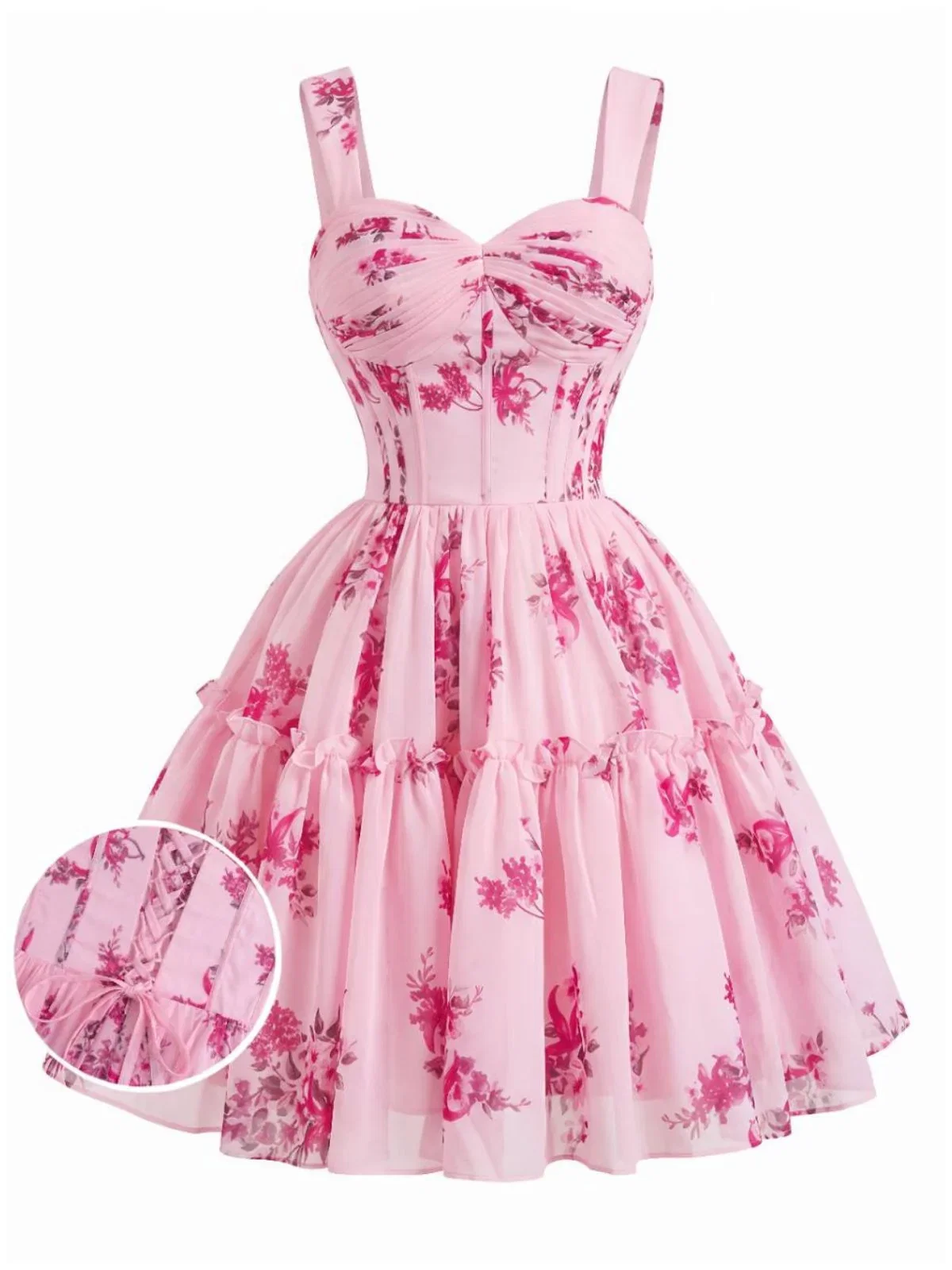 [Pre-Sale] Pink 1950s Ditsy Floral Corset Back-Tie Tutu Dress