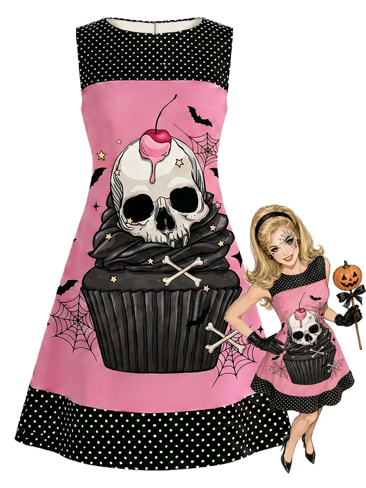 [Pre-Sale] Pink 1960s Skull Cupcake Polka Dot A-Line Dress