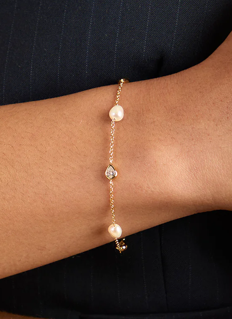 Pearl & Crystal Charm Bracelet in Gold