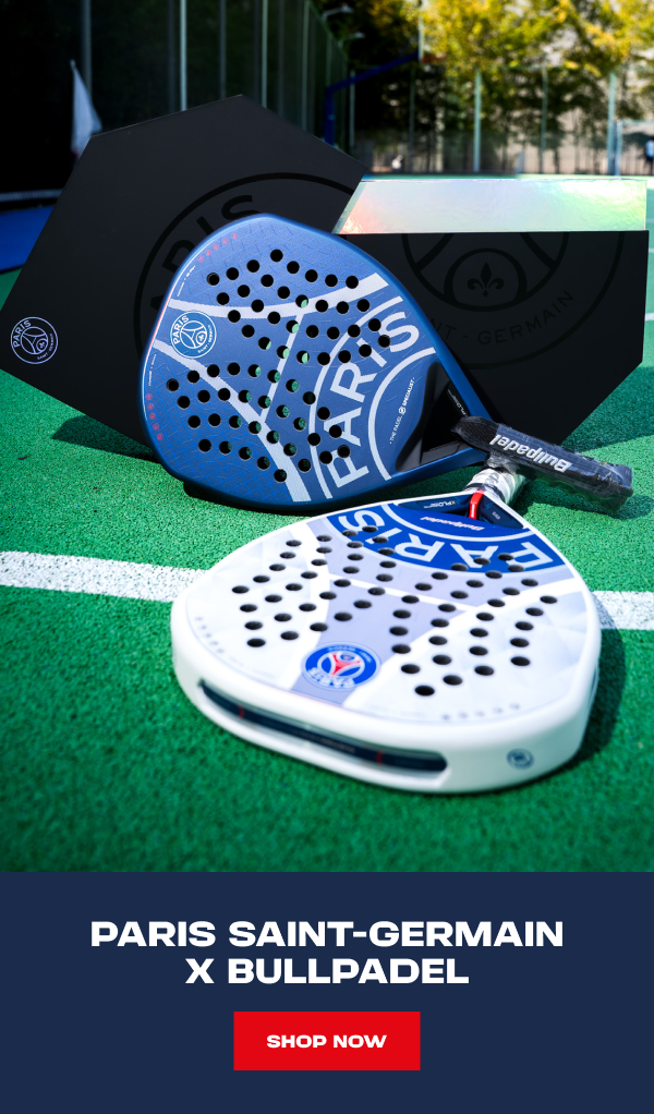 Paris Saint-Germain x Bullpadel collection featuring official padel rackets on court with premium accessories. Shop now.