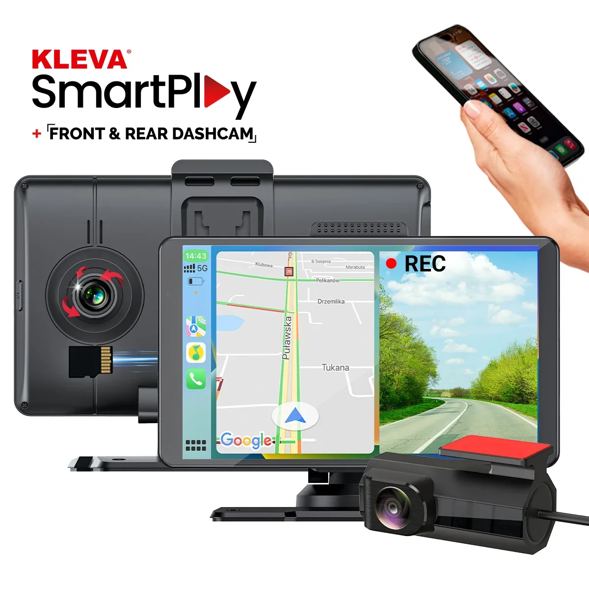 Image of Kleva 7" Smartplay Front & Rear Dash Cam HD Universal Touchscreen - Apple CarPlay Android Auto Wireless