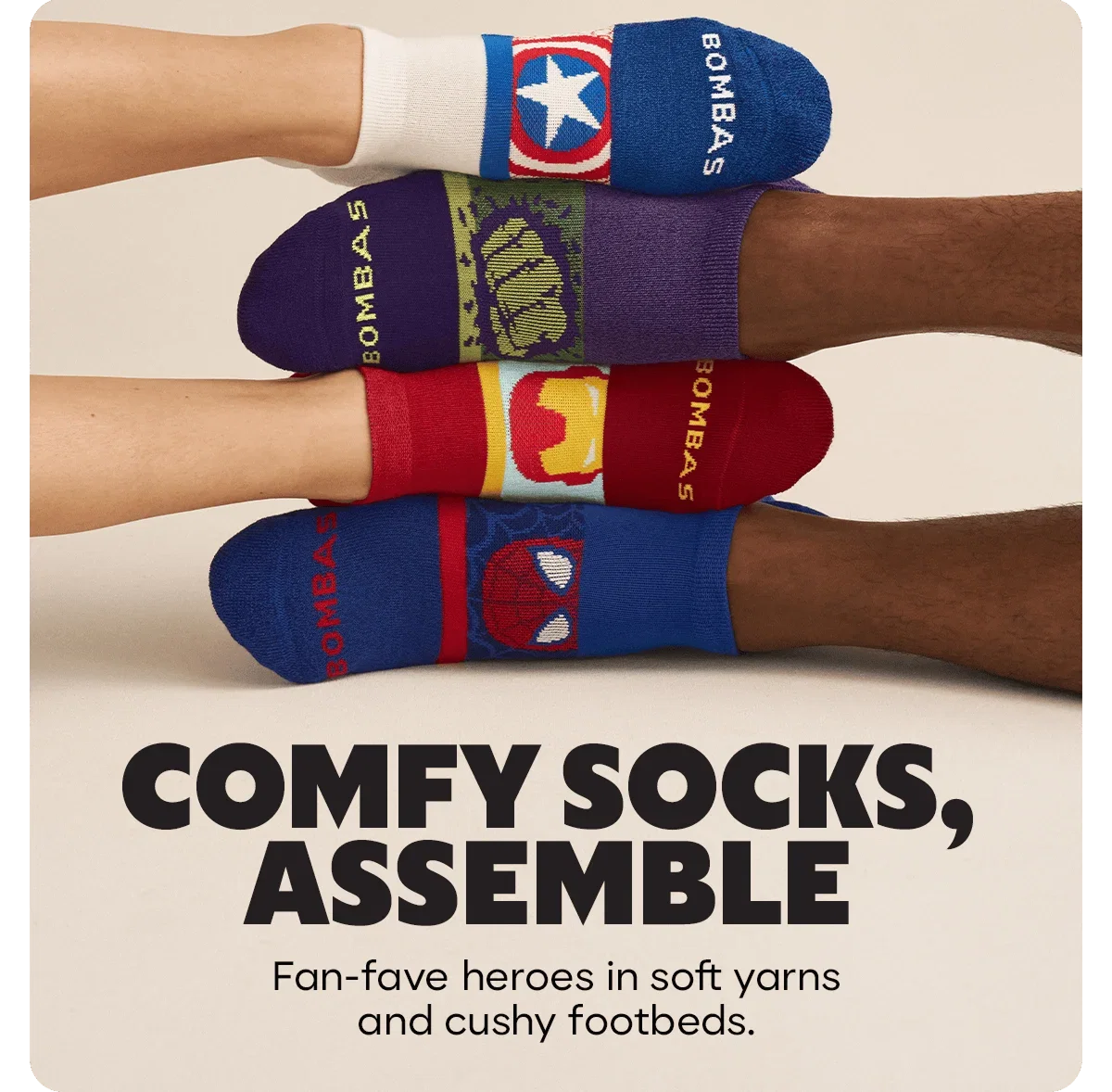 COMFY SOCKS, ASSEMBLE. Fan-fave heroes in soft yarns and cushy footbeds.
