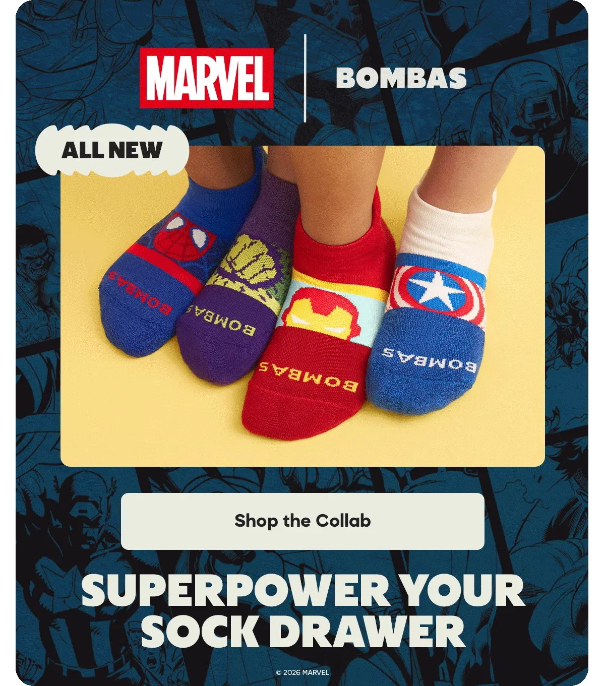 MARVEL | BOMBAS. ALL NEW. Shop the Collab. SUPERPOWER YOUR SOCK DRAWER