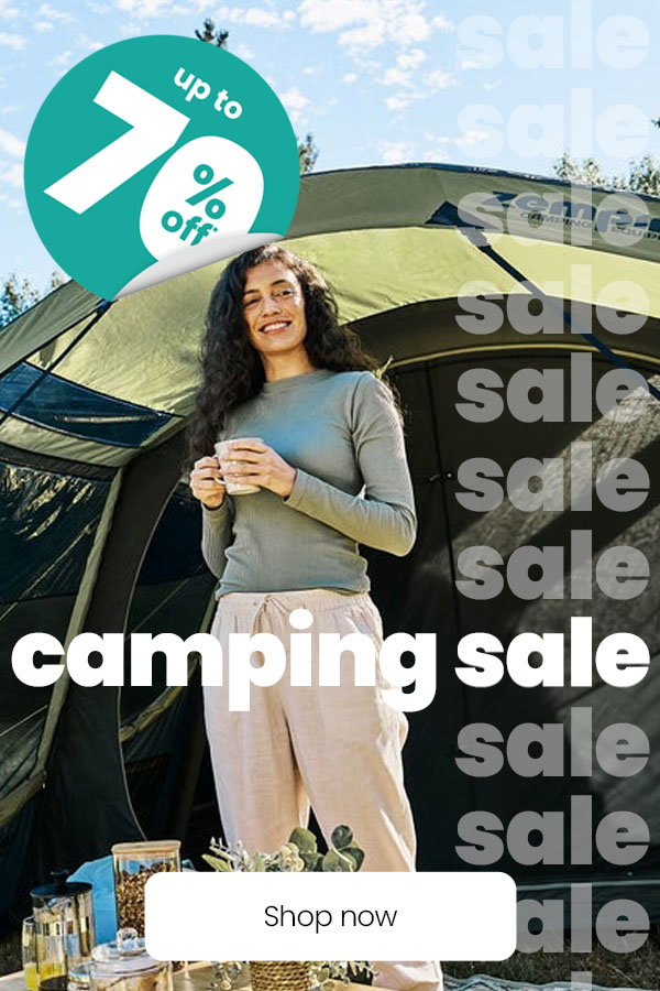 Camping sale banner showing a person standing beside a large tent outdoors, with text “Camping sale” and “Up to 70% off”.