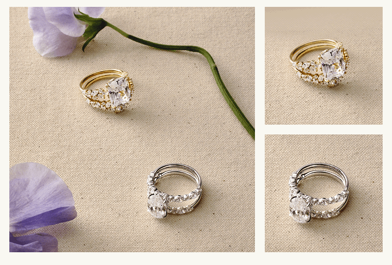 Elegant gold & silver bridal ring sets with delicate purple flowers.