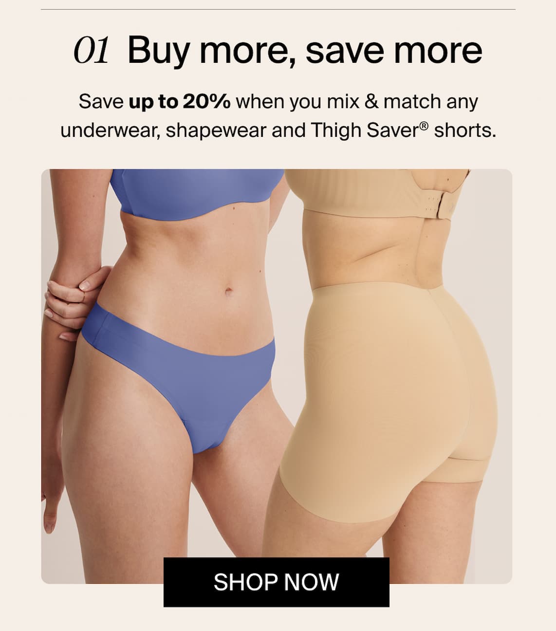 01 Buy more save more. Save up to 20% when you mix & match any underwear and Thigh Saver shorts.
