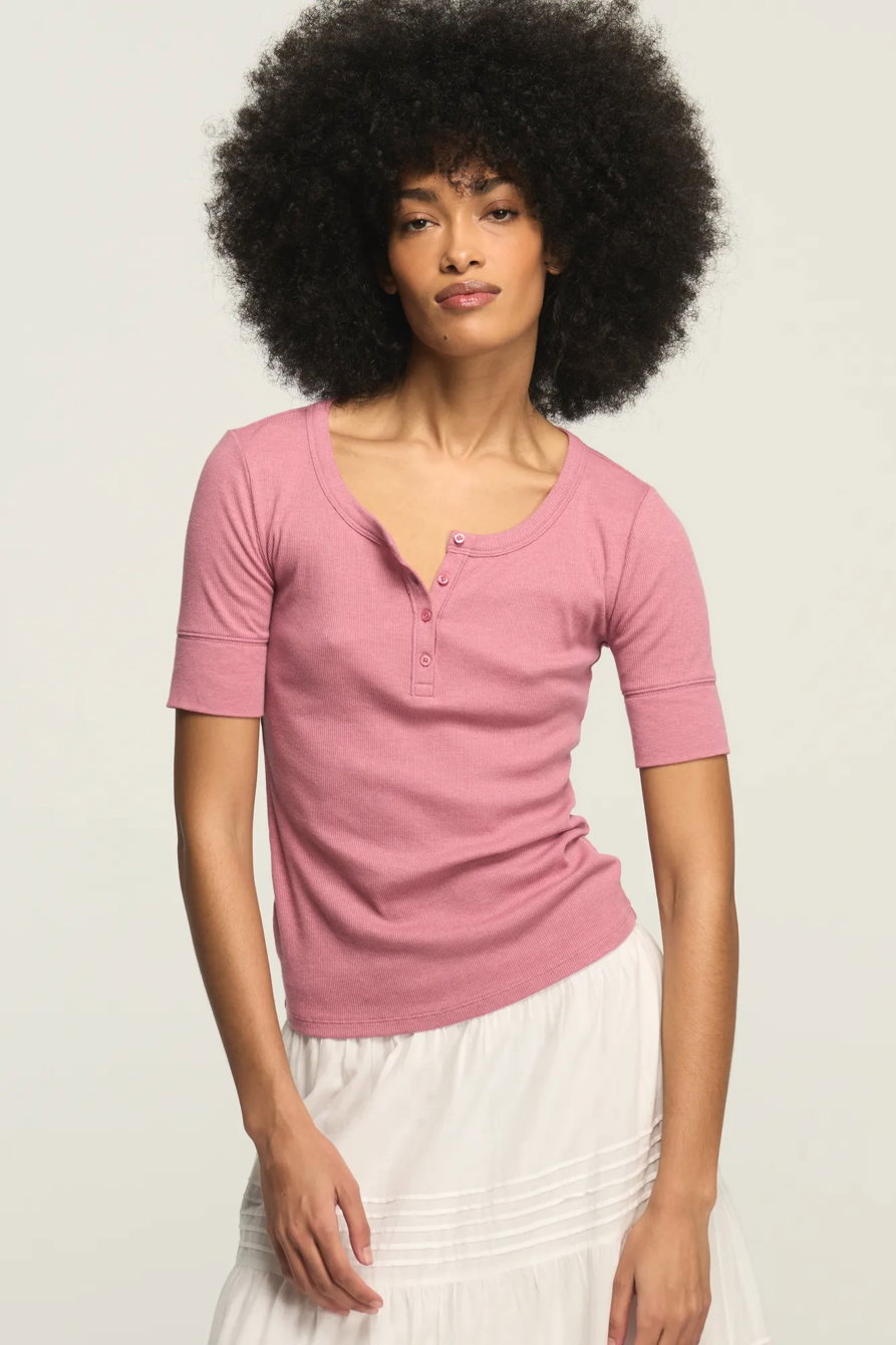 Image of Lucky Brand Short Sleeve Henley Tee - Women's Clothing Tops Shirts Tee Graphic T Shirts in Mesa Rose