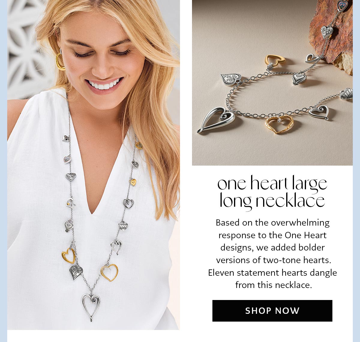 One Heart Large Long Necklace - Based on the overwhelming response to the One Heart designs, we added bolder versions of two-tone hearts. Eleven statement hearts dangle from this necklace. - Shop Now