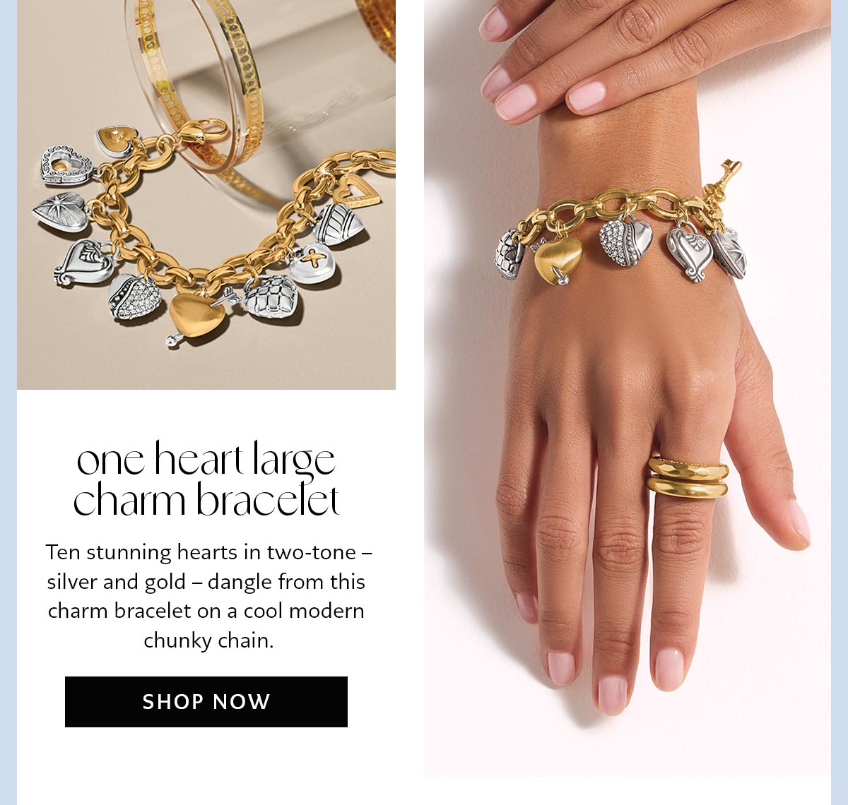 One Heart Large Charm Bracelet - Ten stunning hearts in two-tone - silver and gold - dangle from this charm bracelet on a cool modern chunky chain. - Shop Now