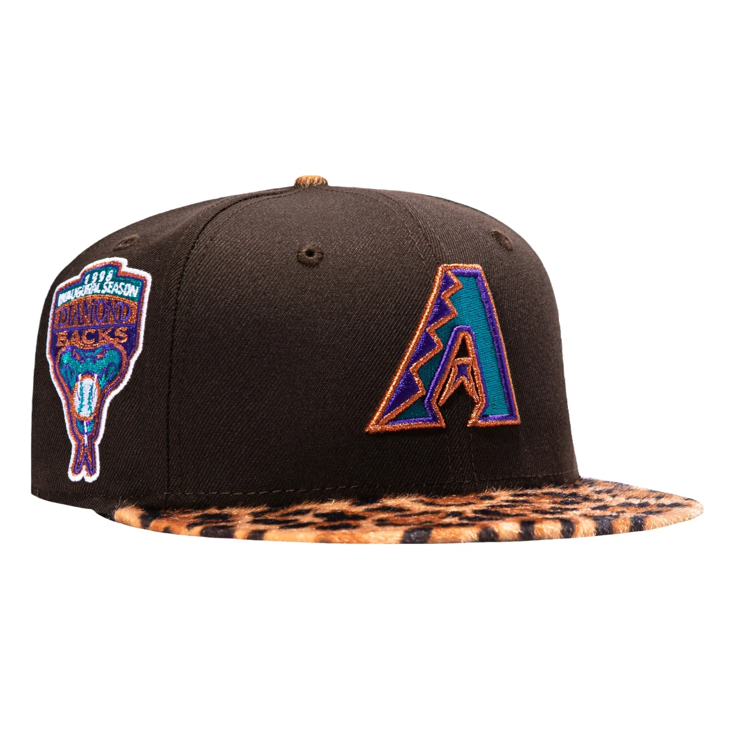 Image of New Era 59Fifty Safari Arizona Diamondbacks Inaugural Patch A Hat - Brown, Leopard Print Faux Fur