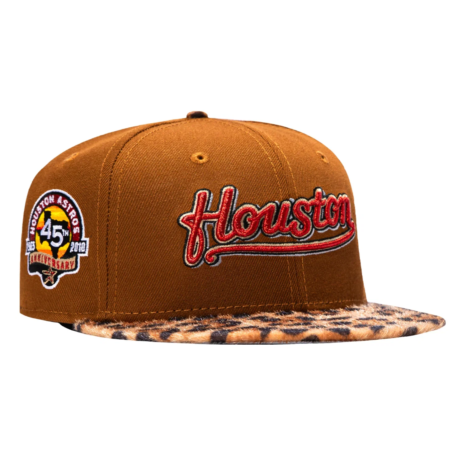 Image of New Era 59Fifty Safari Houston Astros 45th Anniversary Patch Script Hat - Brown, Leopard Print Faux Fur