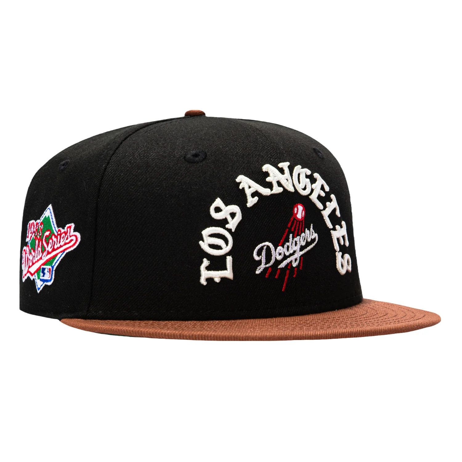 Image of New Era 59Fifty Los Angeles Dodgers 1988 World Series Patch Old English Arch Hat - Black, Brown