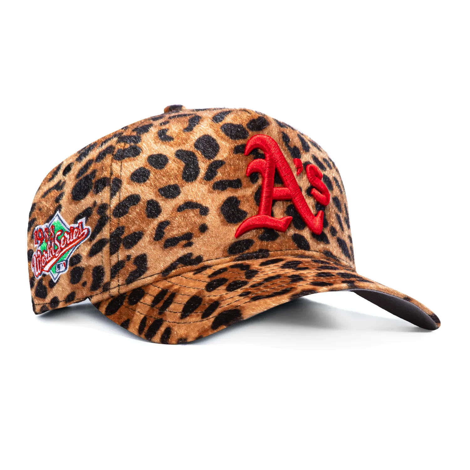 Image of New Era 9Forty A-Frame Safari Oakland Athletics 1989 World Series Patch Snapback Hat - Leopard Print Faux Fur