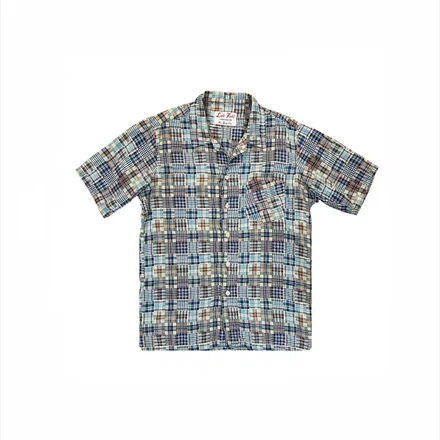 Japanese woven Madras plaid patch camp shirt with Trocus Pearl buttons