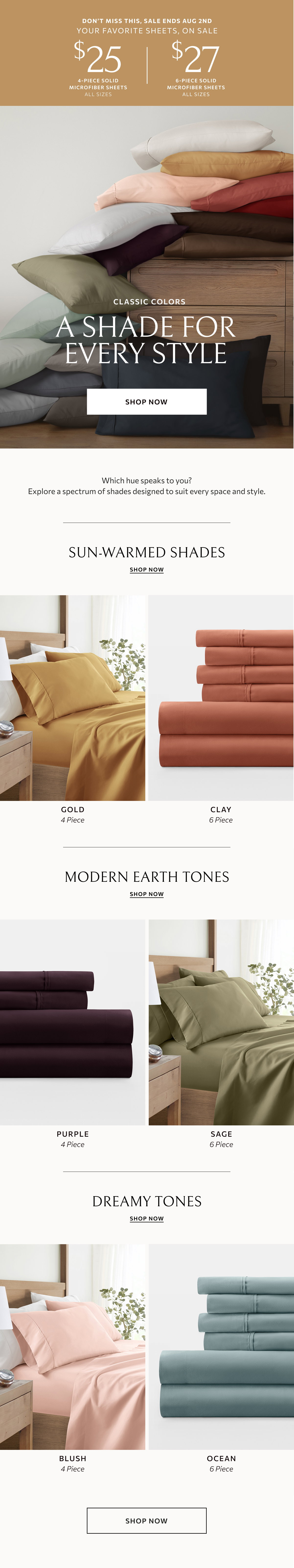 While supplies last - $25 all sizes 4-piece solid sheet sets & $27 all sizes 6-piece solid sheet sets + free shipping & returns.