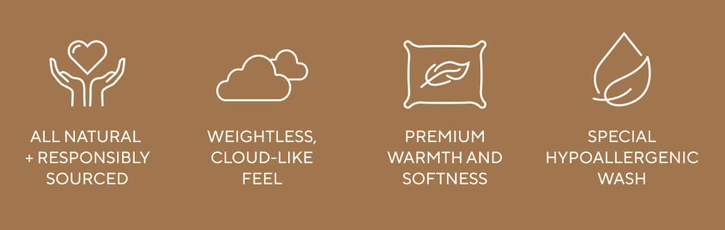 All natural + responsibly sourced Weightless, cloud-like feel Premium warmth and softness Special hypoallergenic wash