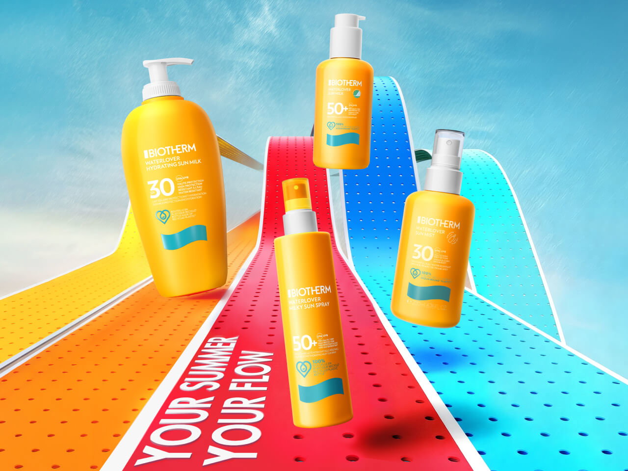 Bodegón de solares Waterlover sobre fondo de verano colorido con el texto "-50% EN LA COMPRA DEL SEGUNDO SOLAR