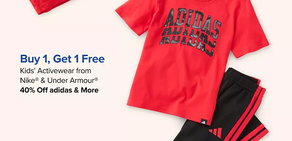 Buy one, get one free kids activewear from Nike and Under Armour. Plus, 40% off adidas and more. Shop now. A red athletic shirt and black sweatpants.