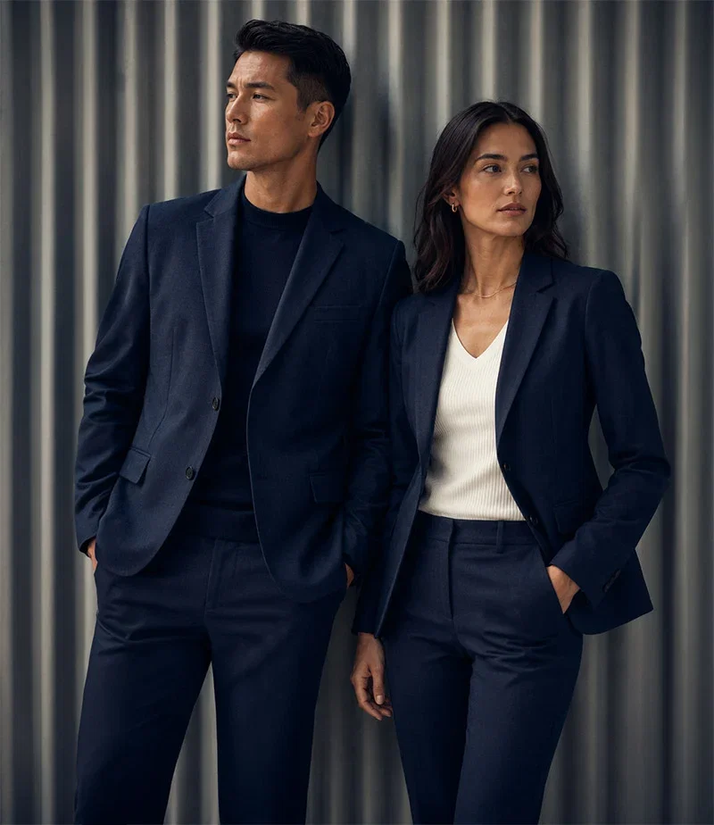 The Velocity Suit in Dark Navy Heather, worn