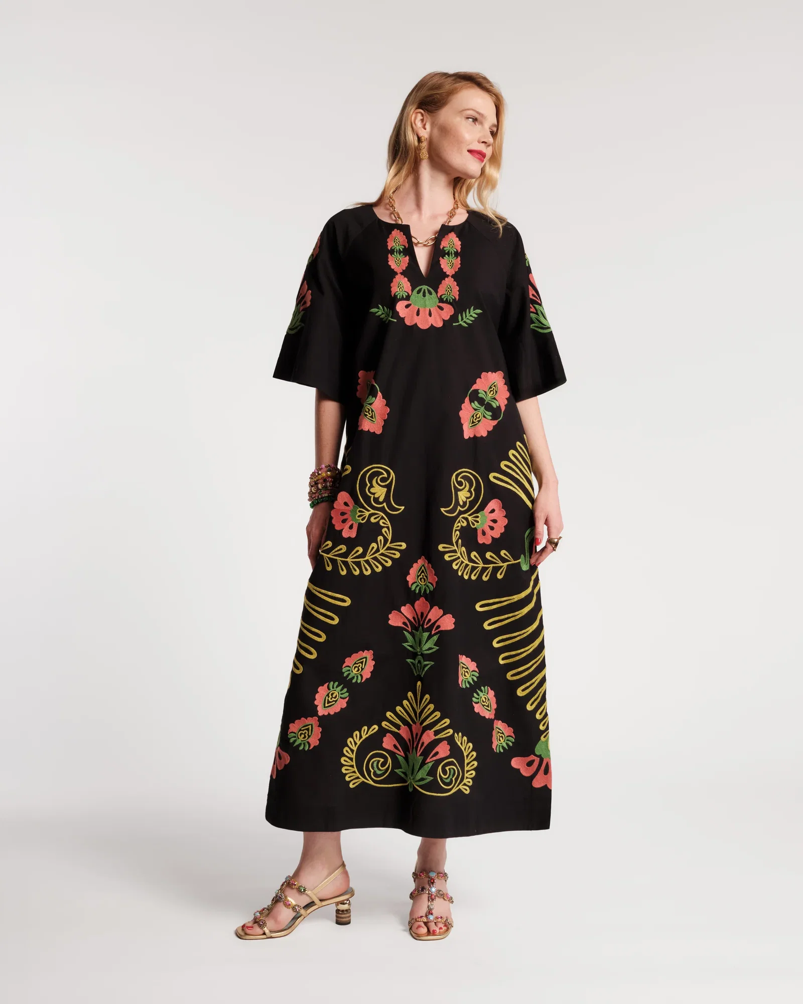 Image of Embroidered Charming Caftan - Canopy Black/Green