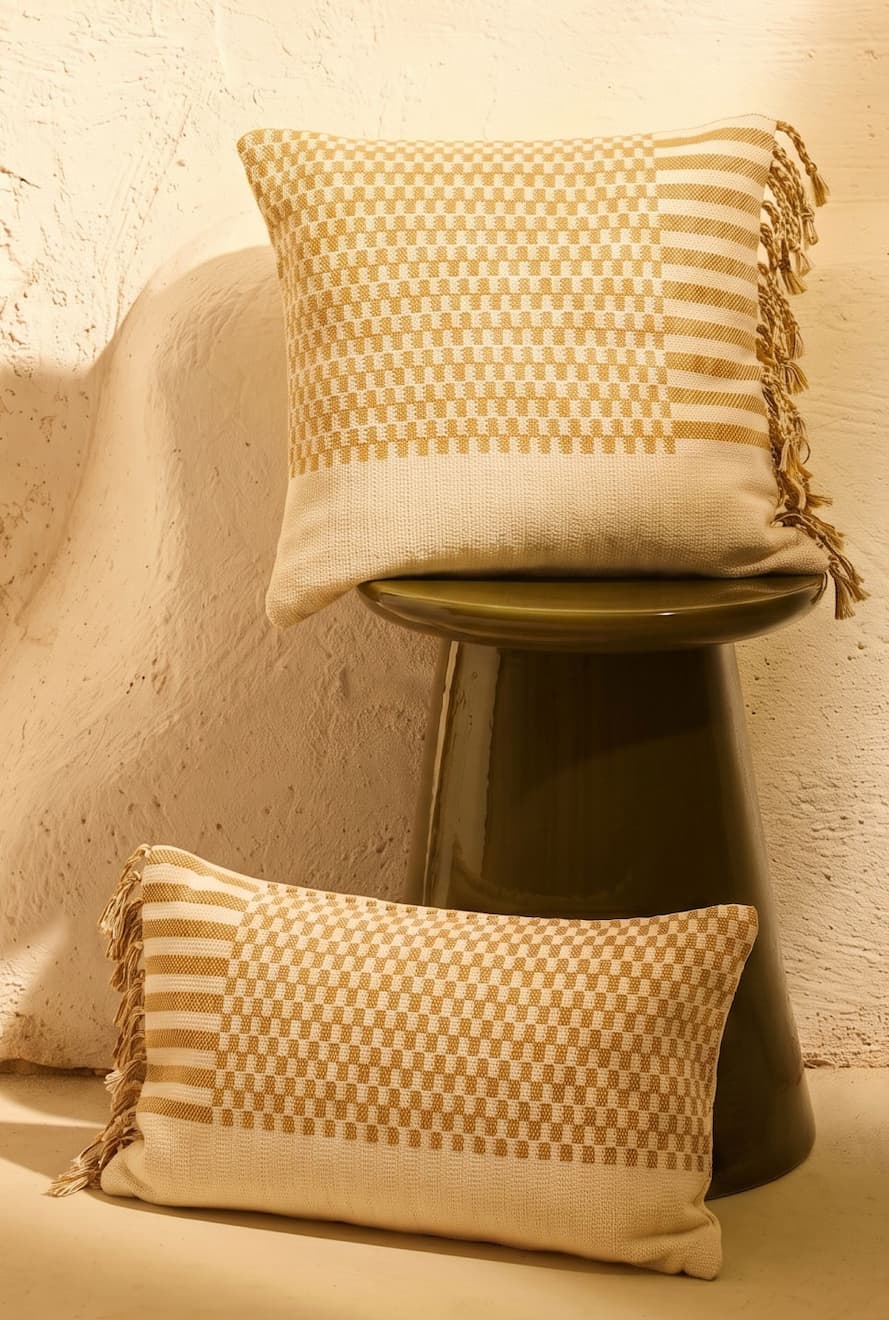 Housse de coussin Farik ivoire et moutarde
