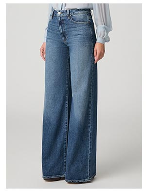 A woman's legs wearing a blue rinse wide leg denim jean.