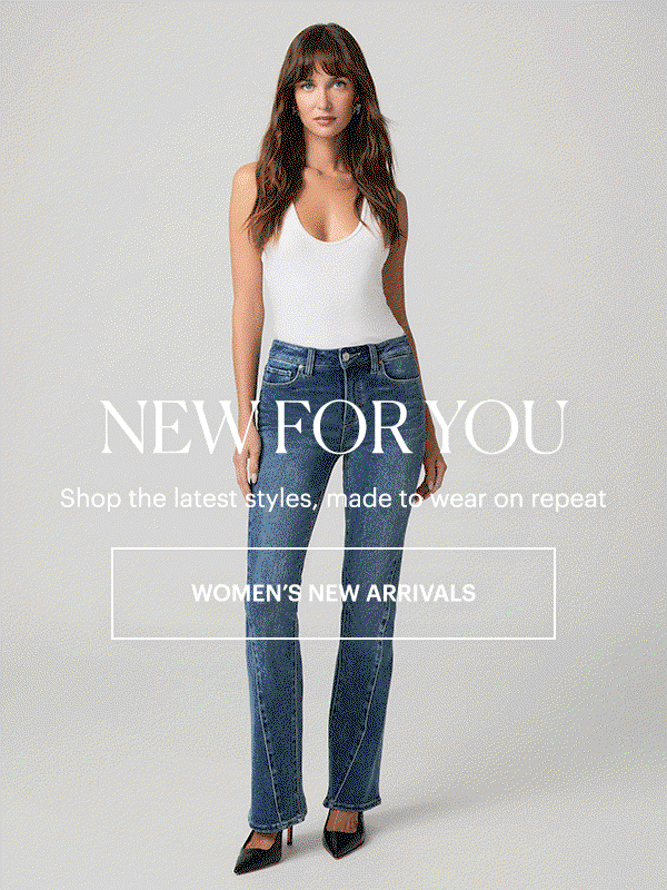 New for You: Shop the latest styles, made to wear on repeat. Featuring images of a woman wearing bootcut blue denim jeans and a white tank.