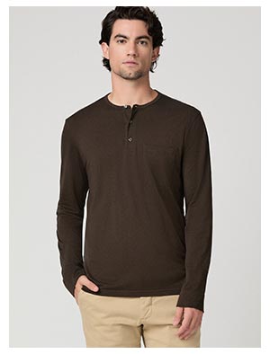 A man wearing a dark brown henley.