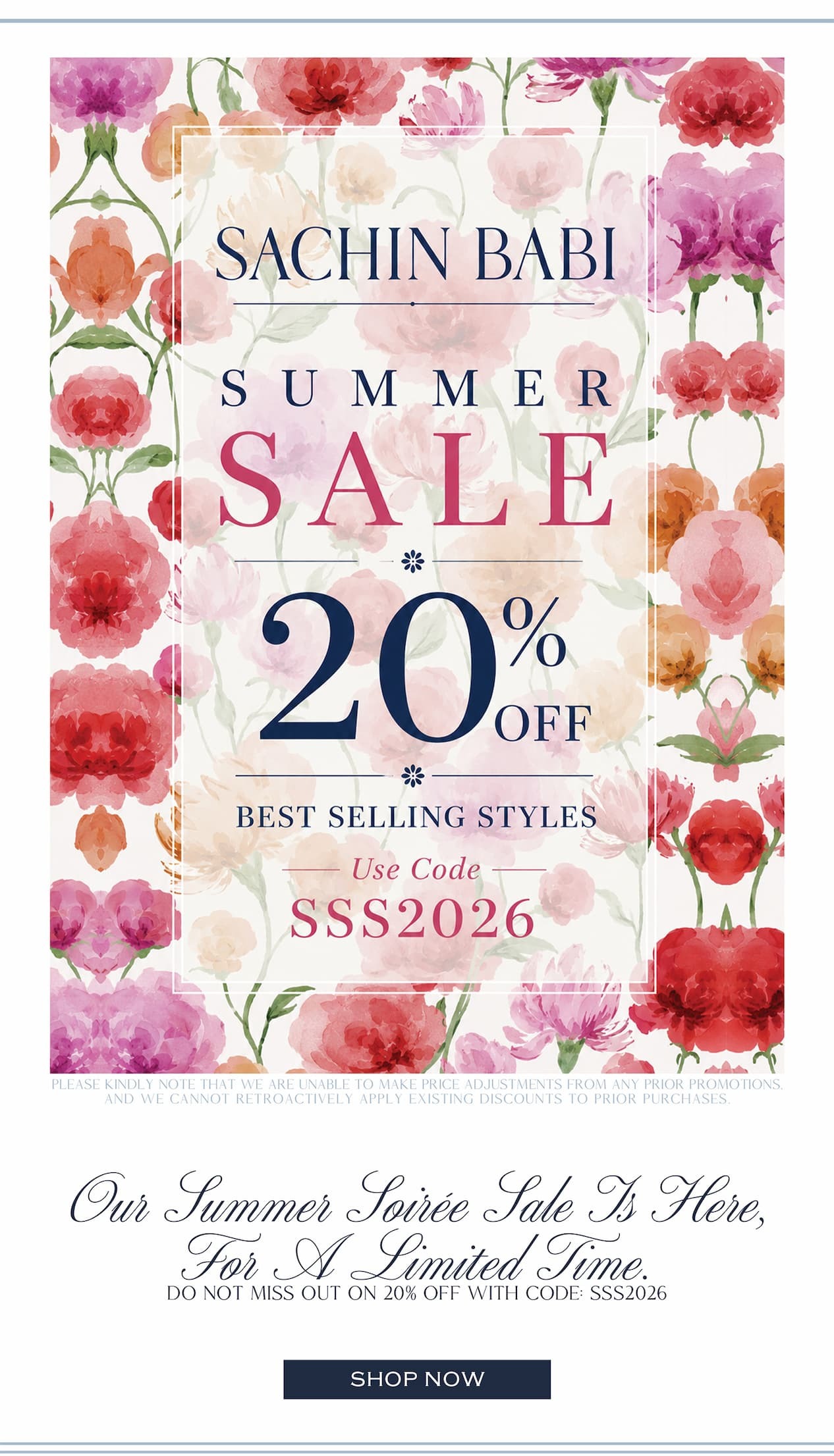 dont miss out on our summer sale! 20% off with code SSS2026 for our summer soiree sale.