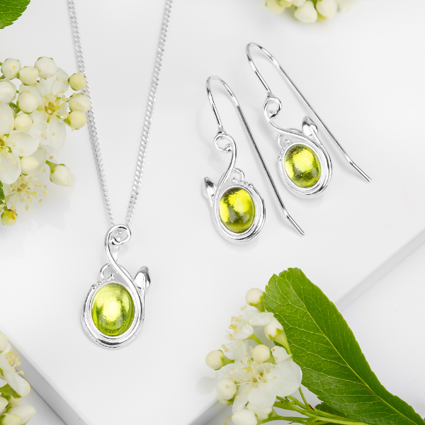 Leaf Motif Hook Earrings & Matching Necklace in Silver & Peridot