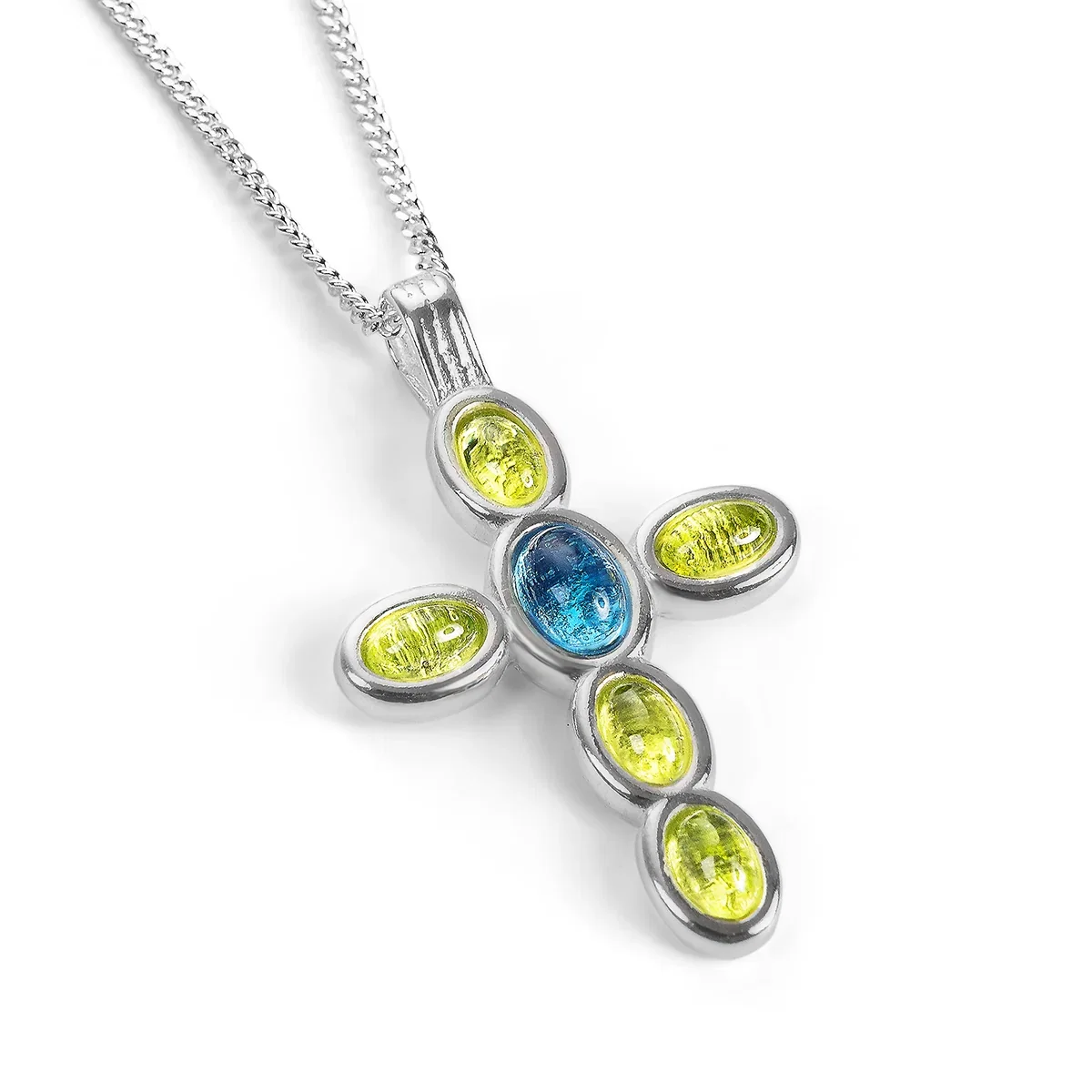 Image of Devine Cross Necklace in Silver with Peridot & London Blue Topaz
