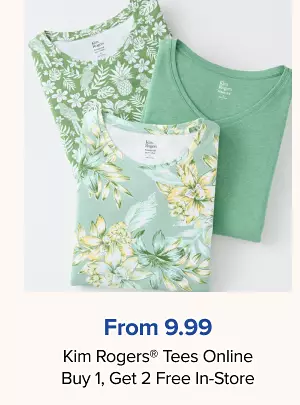 Buy one, get two free Kim Rogers tees. Three tee shirts with different prints on them.