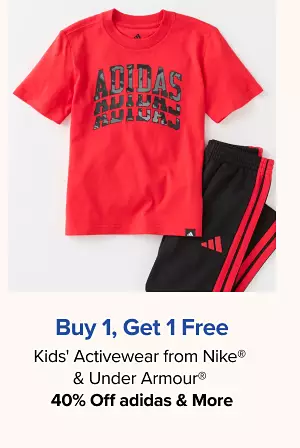 Buy one, get one free kids activewear from Nike and Under Armour. Plus, 40% off adidas and more. Shop now. A red athletic shirt and black sweatpants.