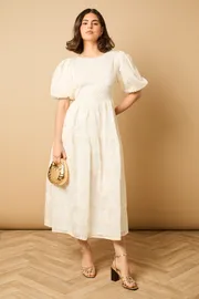 Floral Embroidered Puff Sleeve Midi Dress
