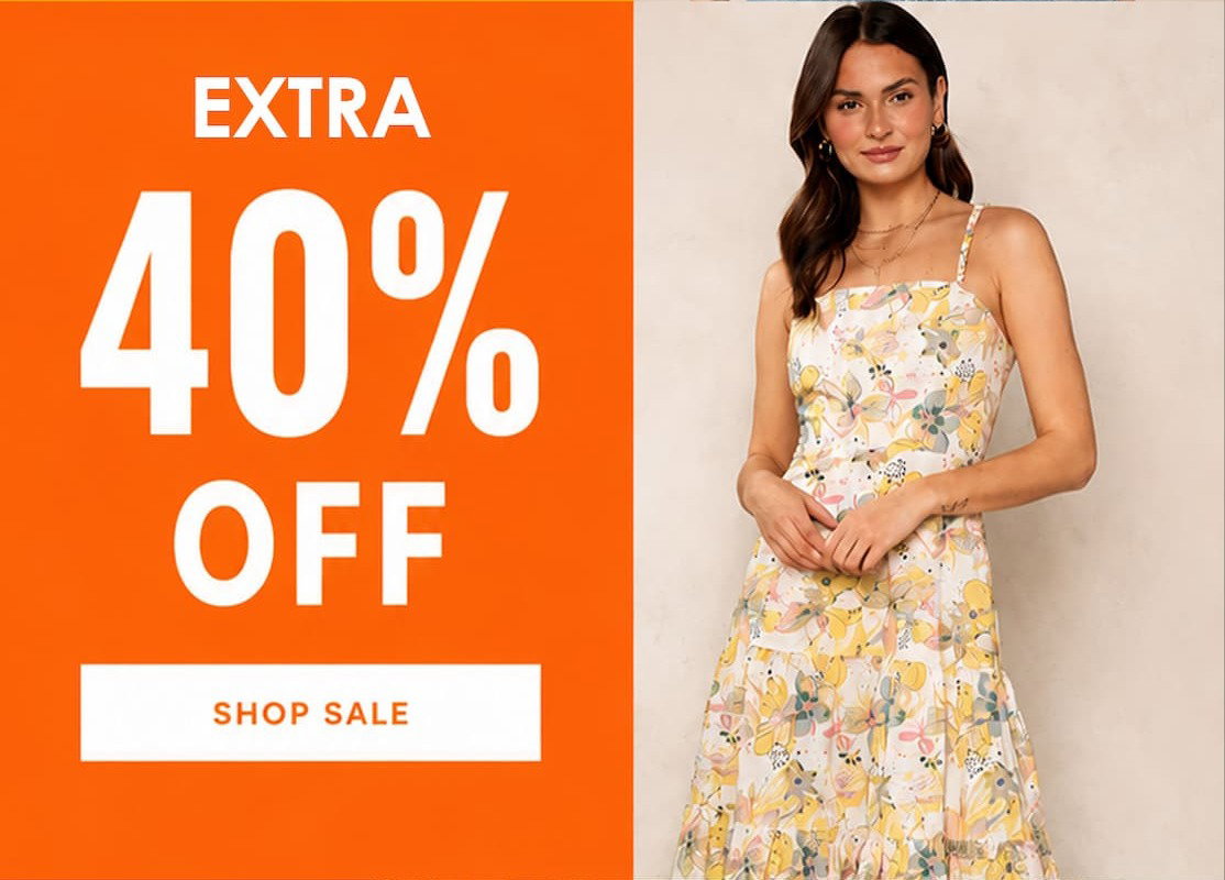 Promotional graphic advertising an extra 40% off sale items, beside a model wearing a colorful floral-print midi dress.