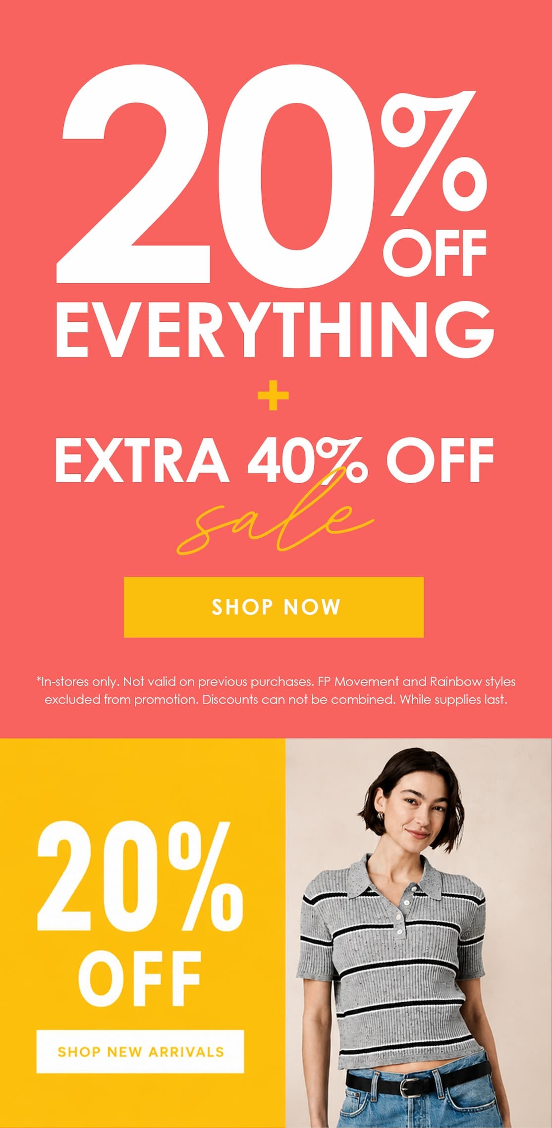 Promotional graphic advertising 20% off everything plus an extra 40% off sale items, with a yellow “Shop Now” button. Below, a model wears a gray striped polo top beside another 20% off new arrivals offer.