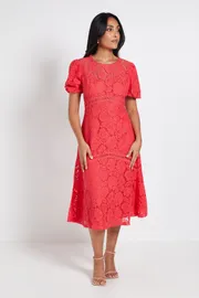Petite Lace Puff Sleeve Midi Dress