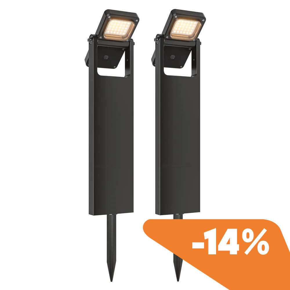 Set of 2 Alton solar-powered LED path lights in black with ground spikes. These modern solar-powered garden lights emit a warm white glow and are ideal for illuminating garden paths, flowerbeds, driveways and patios. They are powered entirely by solar energy and switch on automatically at dusk – providing atmospheric and energy-efficient outdoor lighting.