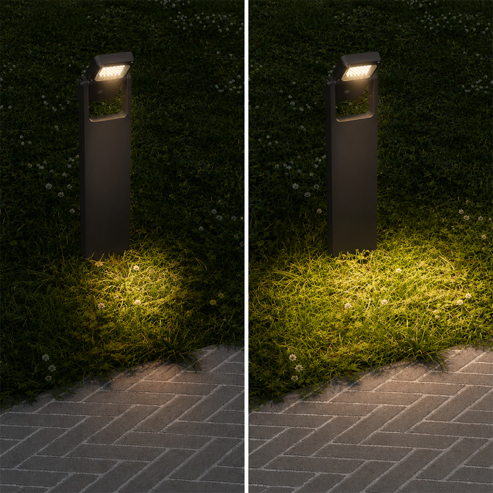 Comparison of the Alton Solar LED paving lights at the two brightness levels of 100 and 200 lumens. On the left, you can see a subtle, warm-white beam of light, whilst on the right, a brighter beam is visible. The brightness can be easily adjusted using the button on the light, allowing you to adapt the lighting to any situation.