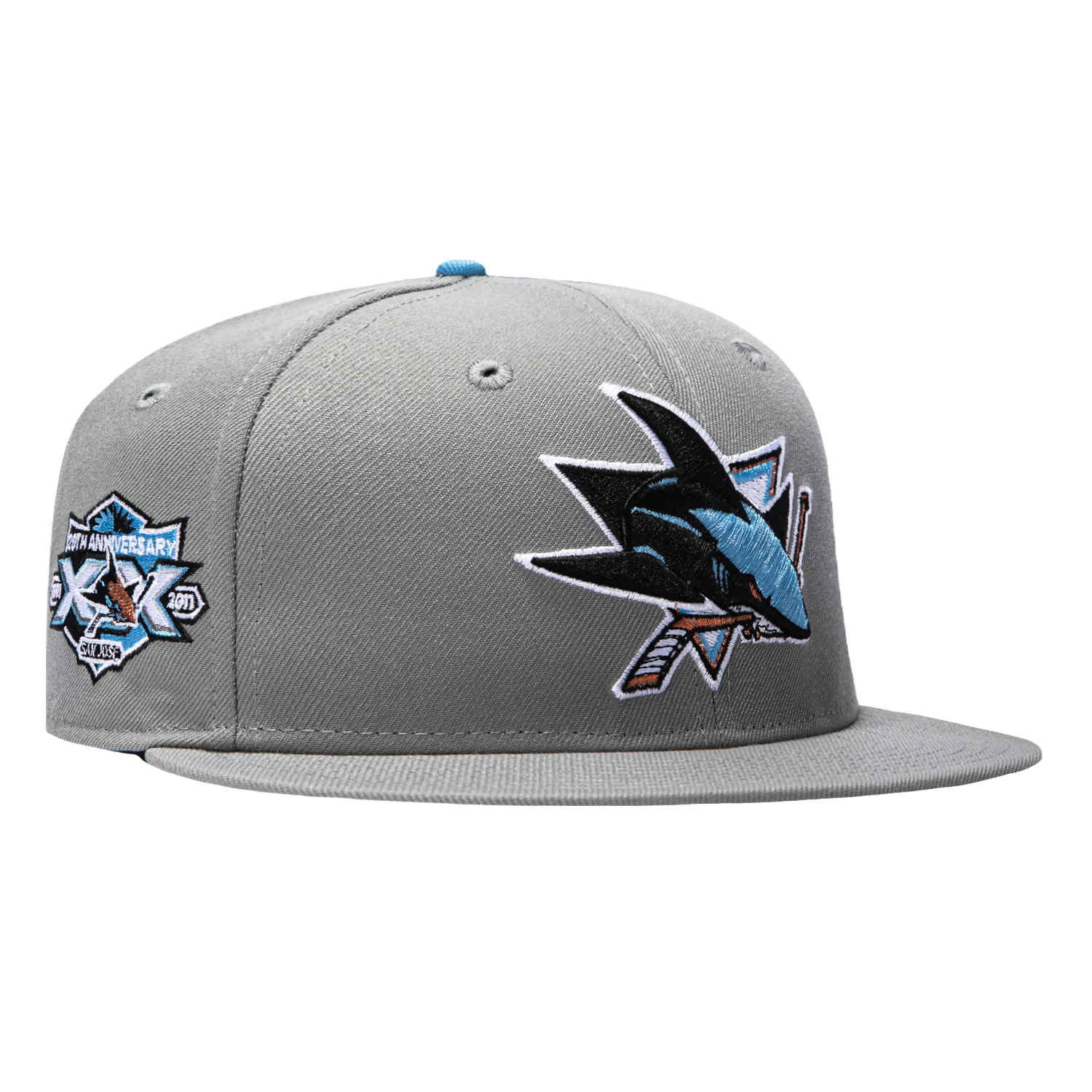 Image of New Era 59Fifty San Jose Sharks 20th Anniversary Patch Light Blue UV Hat - Graphite, Light Blue