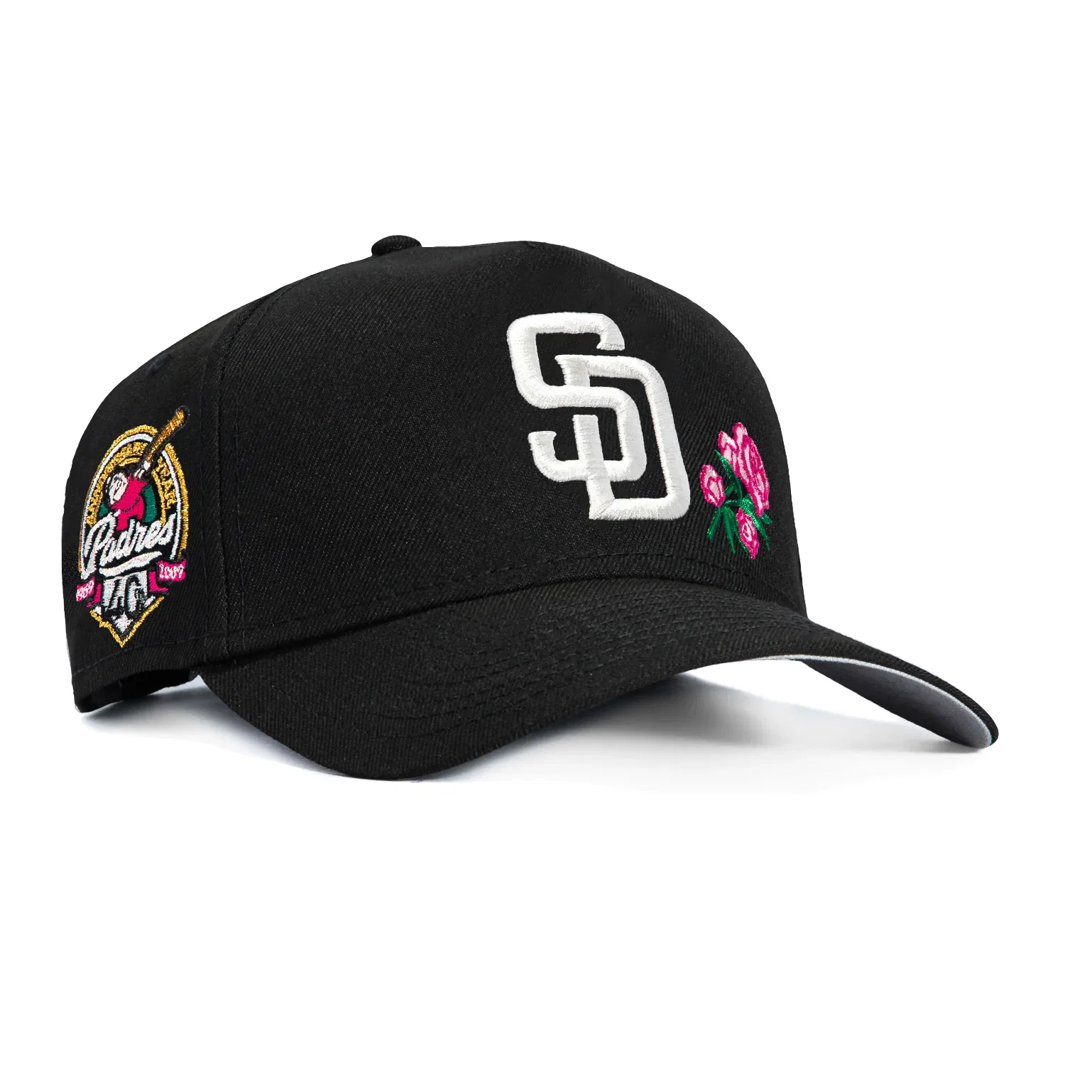 Image of New Era 9Forty A-Frame San Diego Padres 40th Anniversary Patch Rose Snapback Hat - Black, Pink