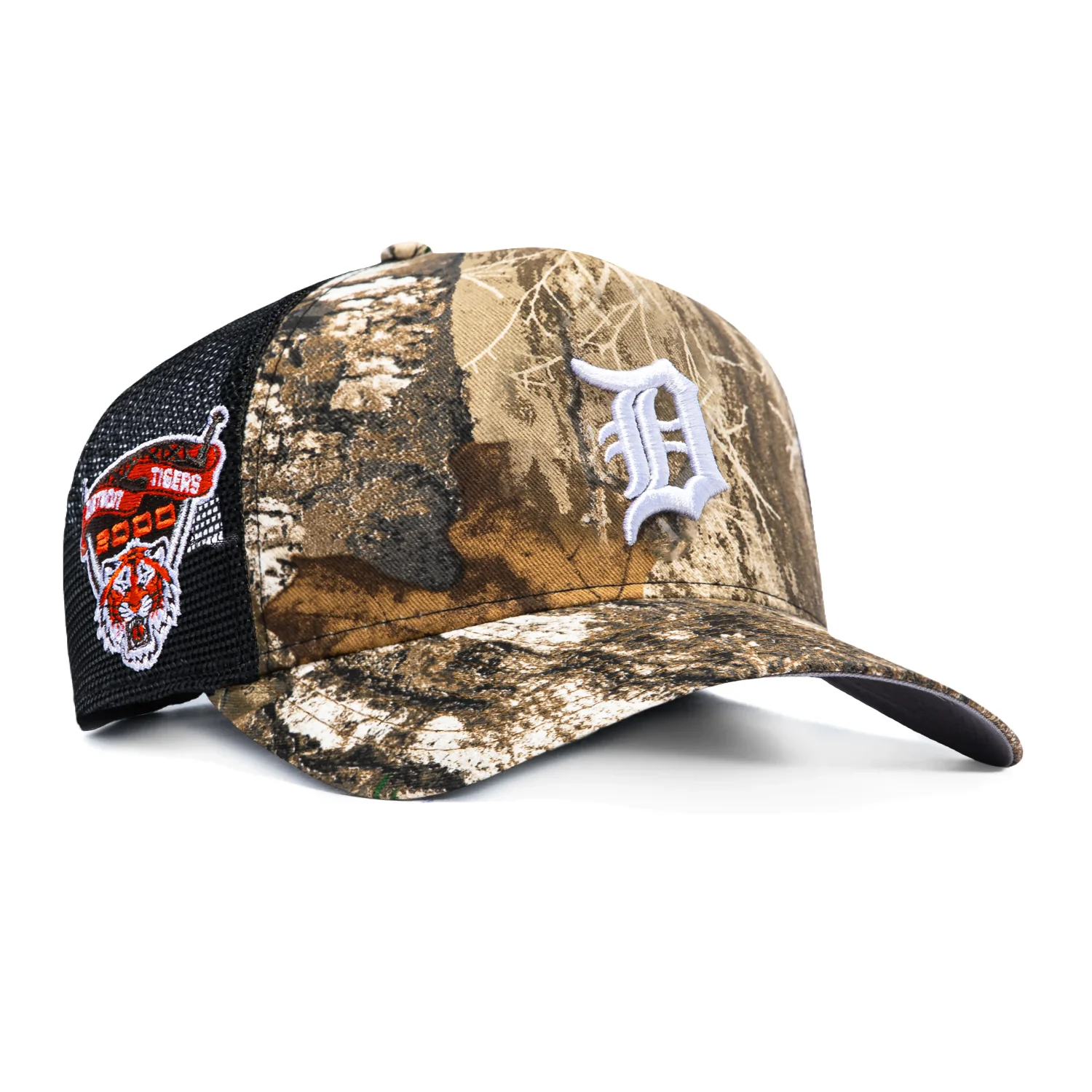 Image of New Era 9Forty A-Frame Detroit Tigers 2000 Inaugural Patch Trucker Snapback Hat - Realtree, Black