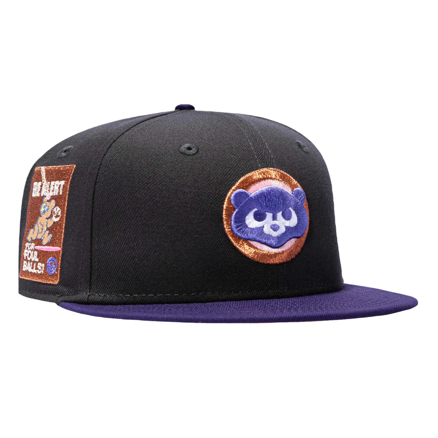 Image of New Era 59Fifty Chicago Cubs Be Alert For Foul Balls Patch Pink UV 1979 Hat - Graphite, Purple, Metallic Copper