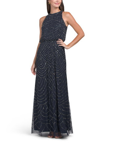 Sleeveless Blouson Beaded Gown For Women, Polyester
