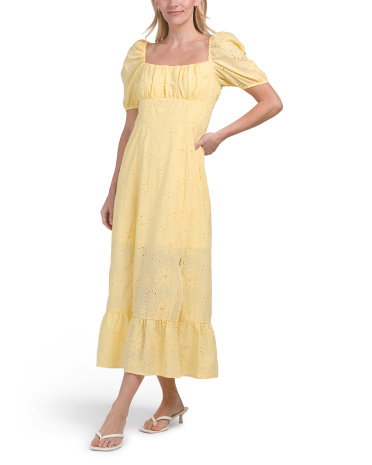 Puff Sleeve Square Neck Empire Smocked Back Midi Dress For Women, Cotton/Polyester