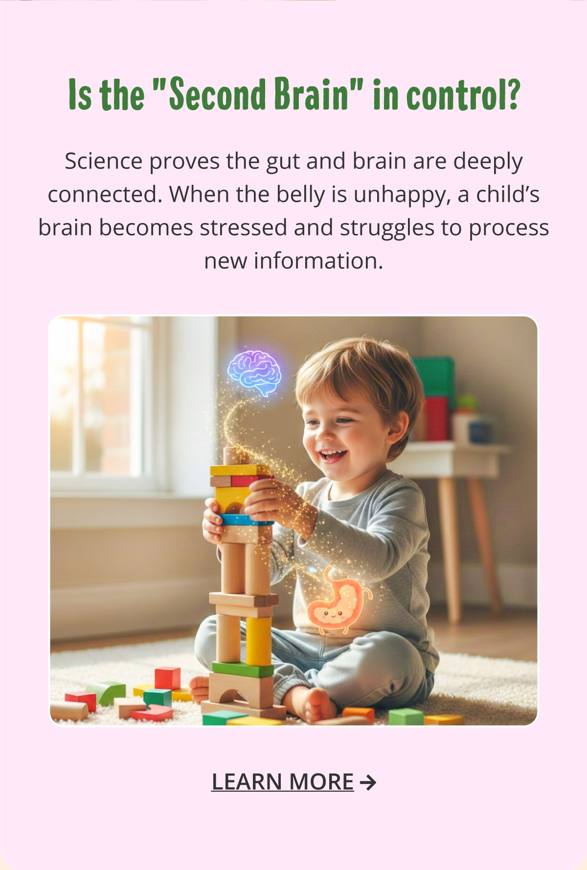  Is the "Second Brain" in control?  Science proves the gut and brain are deeply connected. When the belly is unhappy, a child’s brain becomes stressed and struggles to process new information. Learn more.