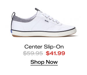 A side view of the Center III Canvas Slip-On in white/navy which was $59.95 and is now $41.99 for a limited time. Shop Now.