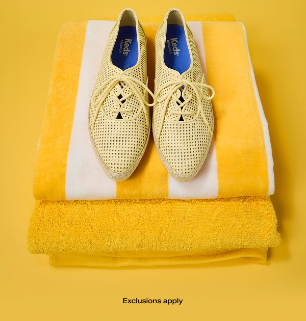 A bright yellow background with overlaid text that says Beat-the-Heat Deals. 30% Off Sitewide. Original Keds Champion included! Exclusions apply. Shop the Sale. Shop Keds Champion