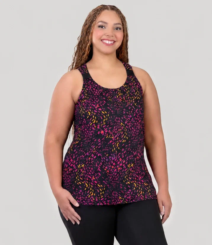 Image of AquaSport Hanalei Tankini Top Sunkiss Coral Print Black