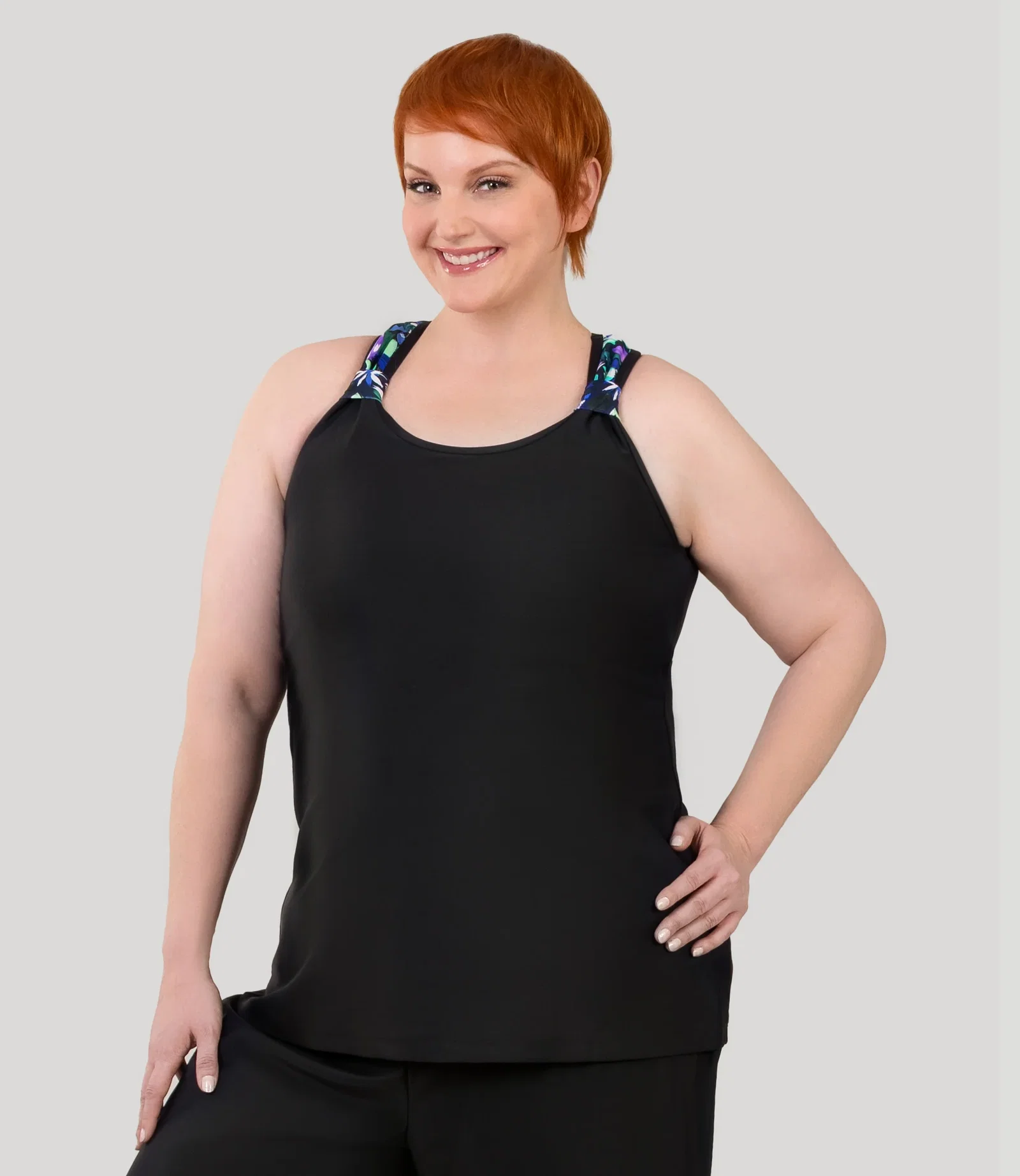 Image of QuikEnergy Kona Tankini Top Botanical Tides Print Black